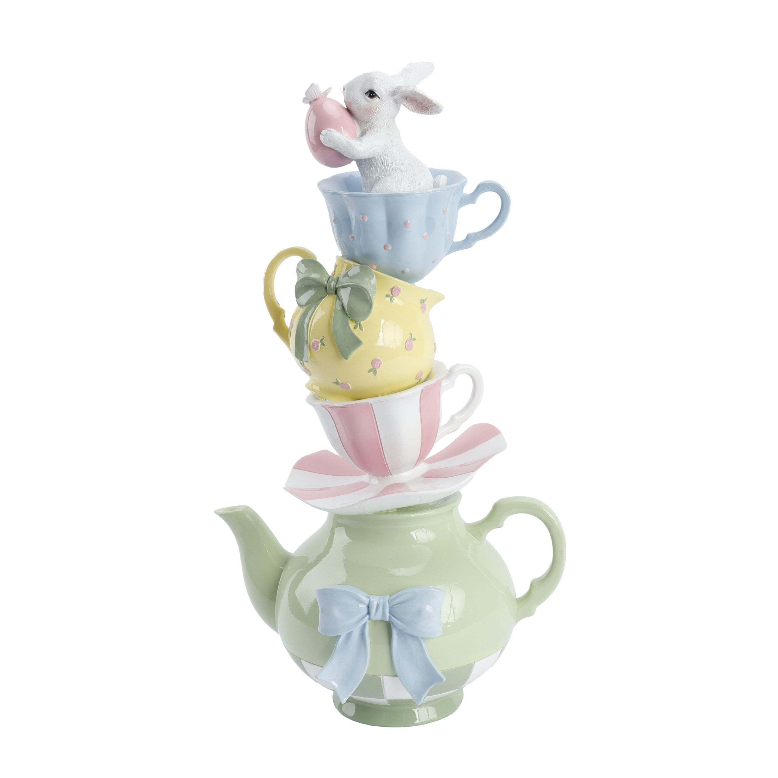 LAPIN SUR EMPILAGE DE TASSES ET THÉIÈRE